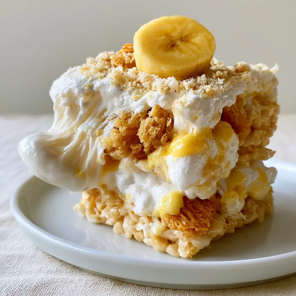 Banana Pudding Rice Krispie Treats: The Ultimate Gooey Dessert 1 A close-up of Banana Pudding Rice Krispie Treats showing the yellow marshmallow chunks and crushed vanilla wafers.