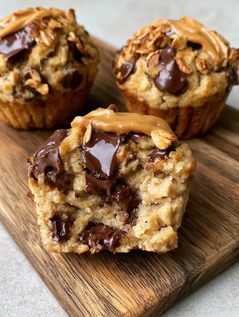 A halved peanut butter banana muffin revealing a warm oozing chocolate pocket inside.