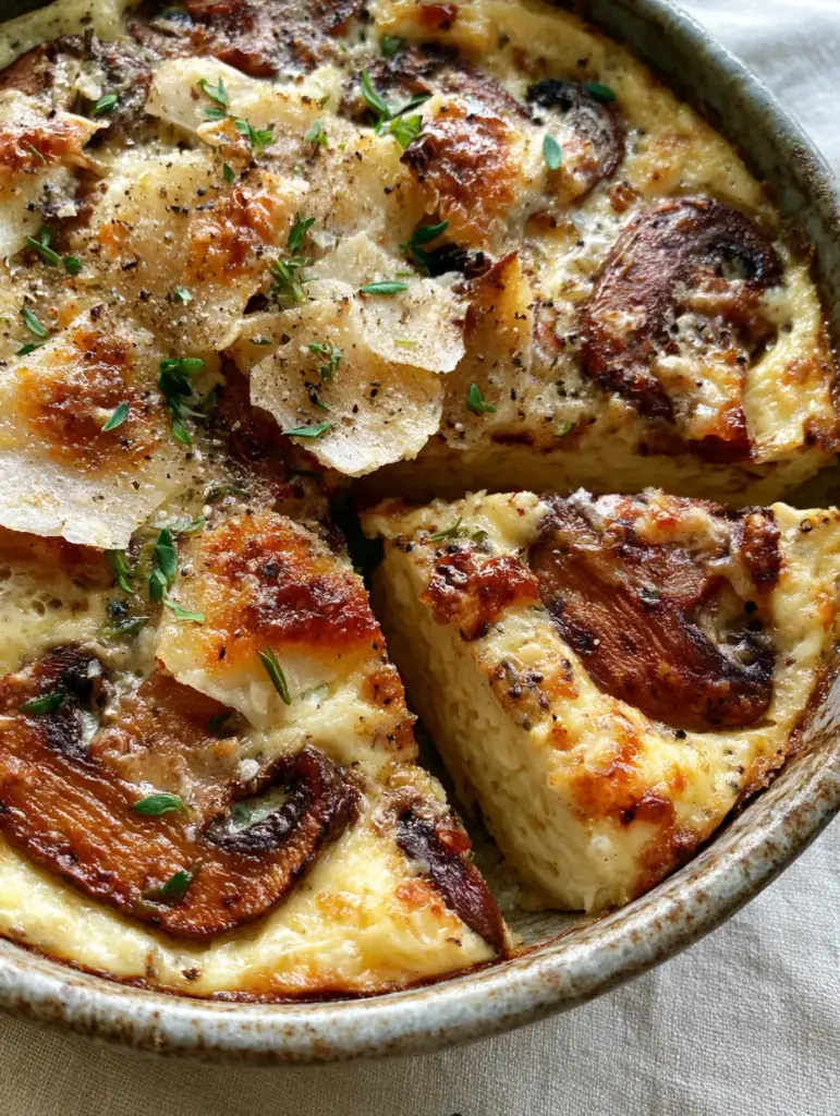 Mushroom and Parmesan Clafoutis: A Savory Custard Masterpiece 2 Top-down angled shot of Mushroom and Parmesan Clafoutis in a grey ceramic dish, showing a pale-gold custard and caramelized mushrooms.