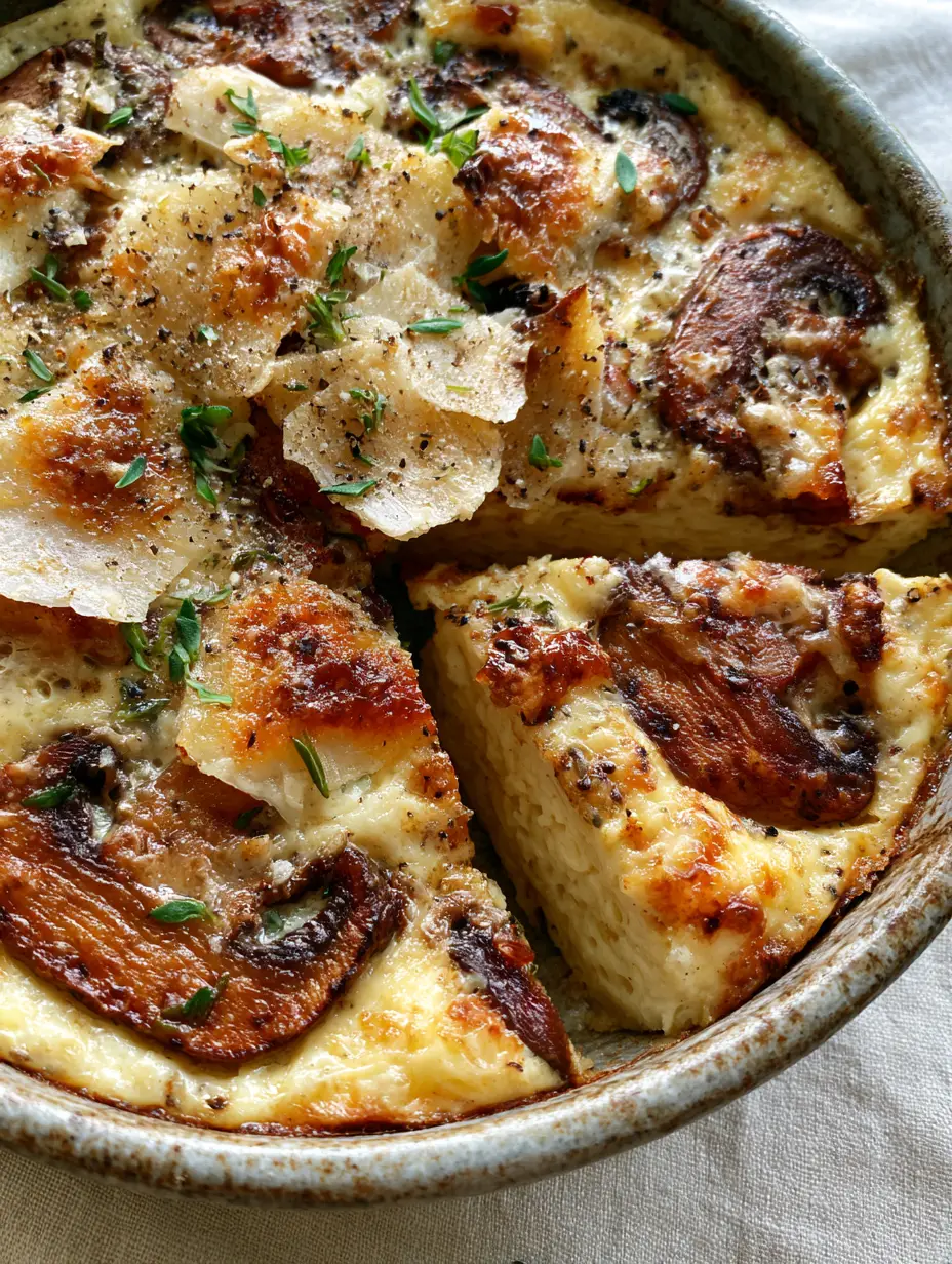 Mushroom and Parmesan Clafoutis: A Savory Custard Masterpiece 3 Top-down angled shot of Mushroom and Parmesan Clafoutis in a grey ceramic dish, showing a pale-gold custard and caramelized mushrooms.