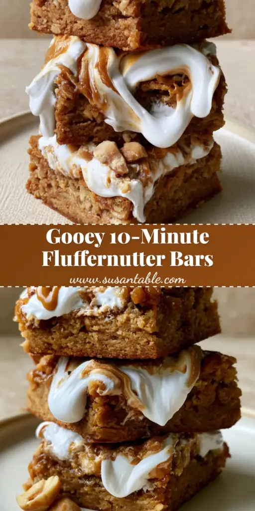 A stack of gooey fluffernutter bars showing melting ribbons of marshmallow and a golden peanut butter blondie base on a cream plate. (fluffernutter bars)