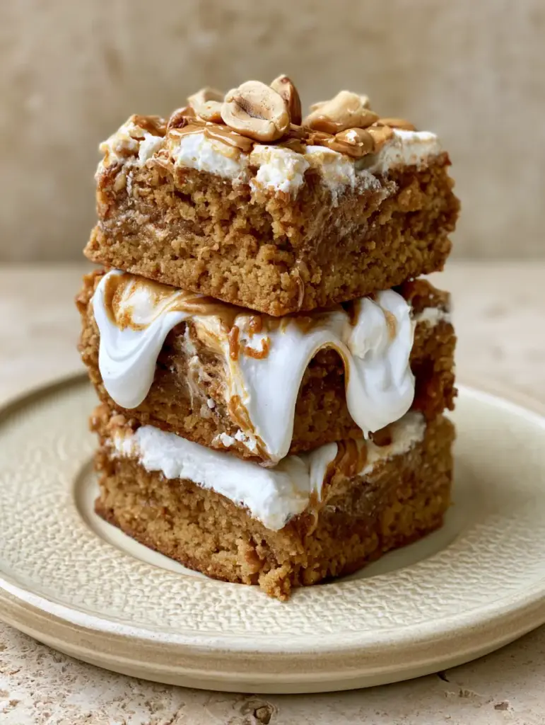 Handheld photo of a moist fluffernutter bar with a thick white marshmallow swirl. (fluffernutter bars)