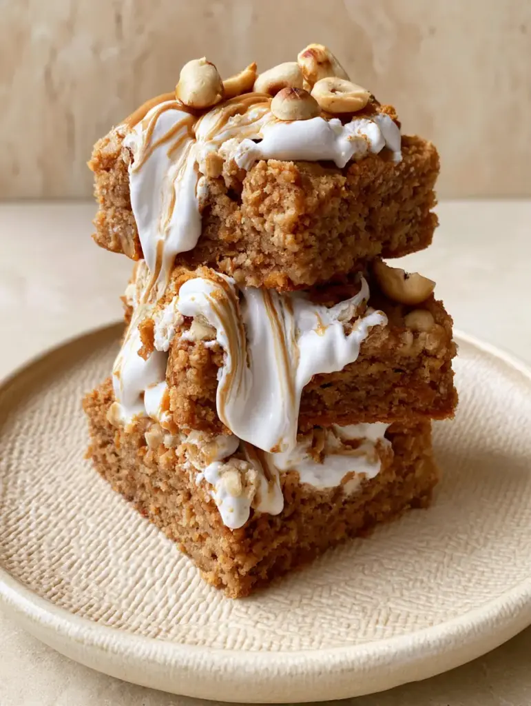 Close up of golden-brown peanut butter blondie bars topped with scattered toasted peanut halves and drizzle.
