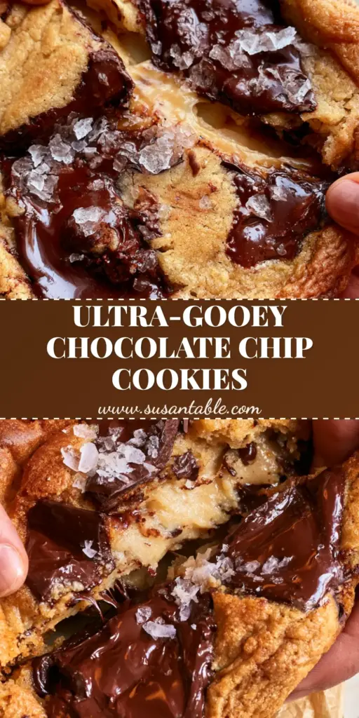 Gooey Chocolate Chip Cookies with Melted Dark Chocolate Pools 4 A stack of Gooey Chocolate Chip Cookies with glistening pools of dark chocolate and flaky sea salt.
