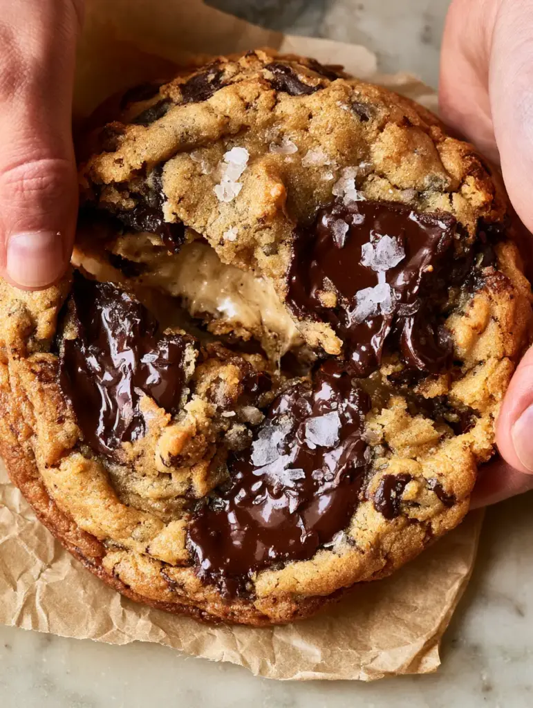 Hands pulling apart a Gooey Chocolate Chip Cookie to reveal a molten, soft center and melted dark chocolate pools.