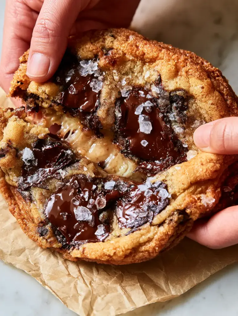 Gooey Chocolate Chip Cookies with Melted Dark Chocolate Pools 1 Close up of caramelized golden-brown edges and a crackled texture on a Gooey Chocolate Chip Cookie.