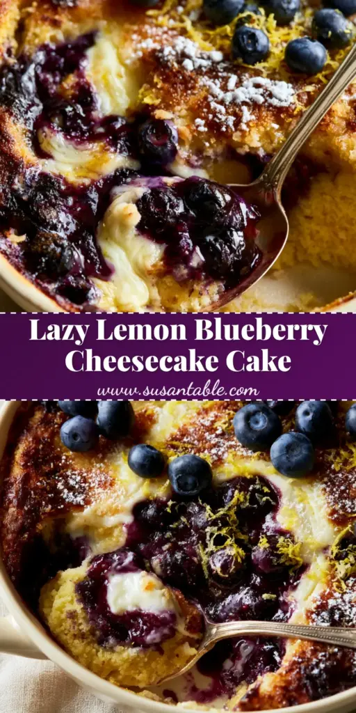 Lemon Blueberry Cheesecake Dump Cake: The Ultimate Gooey Summer Dessert 4 A close-up of Lemon Blueberry Cheesecake Dump Cake with a golden-brown crumble, bursting blueberries, and a silver spoon scoop.