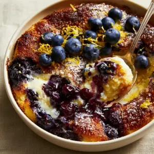 A golden-brown baked cake crumble crust with deep-purple blueberry syrup bubbling through. (Lemon Blueberry Cheesecake Dump Cake)