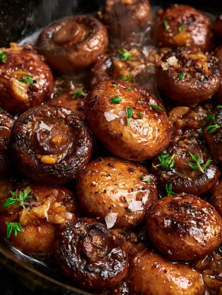 Easy mushroom recipes: The Ultimate Garlic Butter Cremini with Skillet Char 2 Macro photography of seared cremini mushrooms with scorched edges and glossy garlic butter glaze. (Easy mushroom recipes)