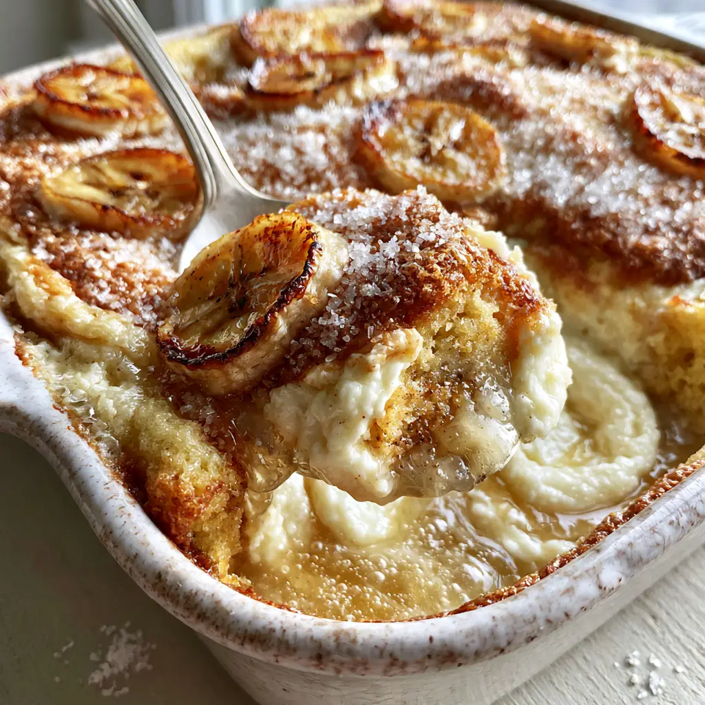 Home 6 Extreme close-up of a rustic white dish containing banana cream cheese cobbler with sparkling turbinado sugar. (banana cream cheese cobbler)
