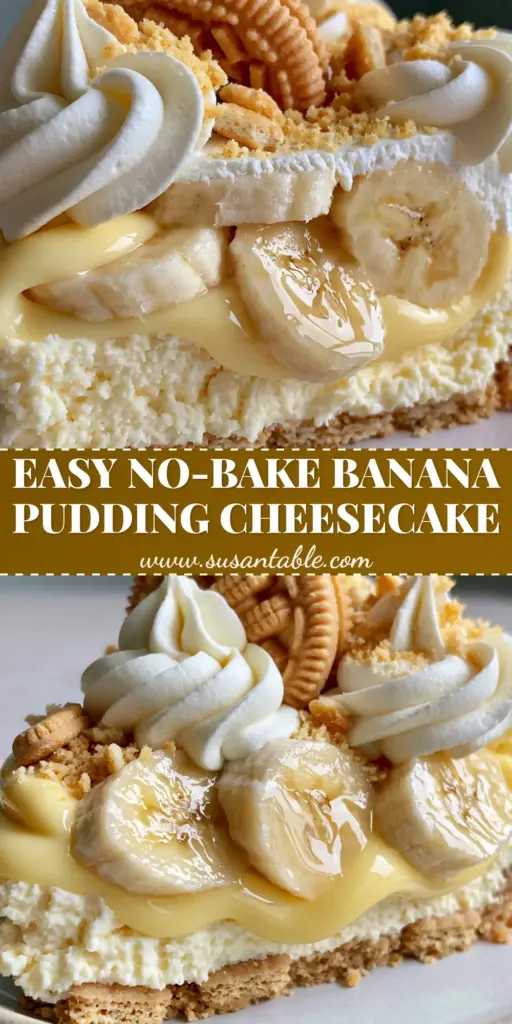 Banana Pudding Cheesecake Recipe (The Ultimate No-Bake Layered Dessert) 4 A tall slice of Banana Pudding Cheesecake on a white plate showing layers of Chessmen cookie crust, cream cheese, and yellow pudding topped with bananas and whipped cream.