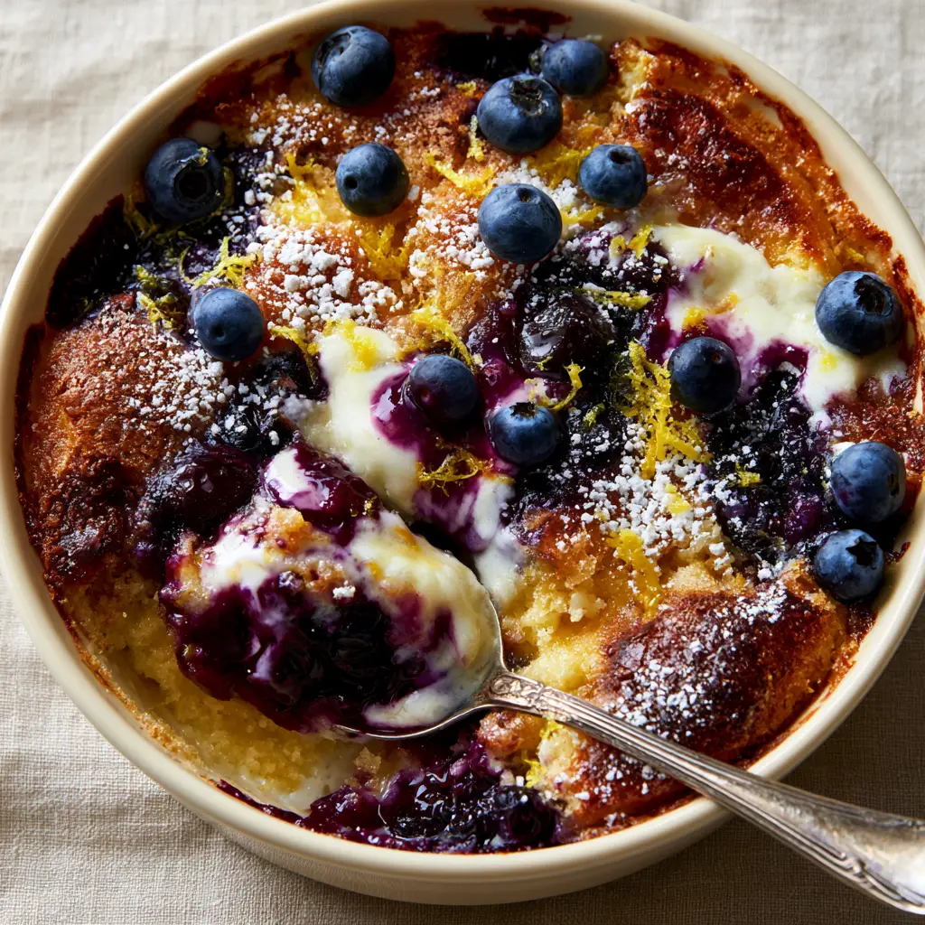 Lemon Blueberry Cheesecake Dump Cake: The Ultimate Gooey Summer Dessert 1 Warm swirls of melted white cream cheese inside a lemon blueberry dump cake.