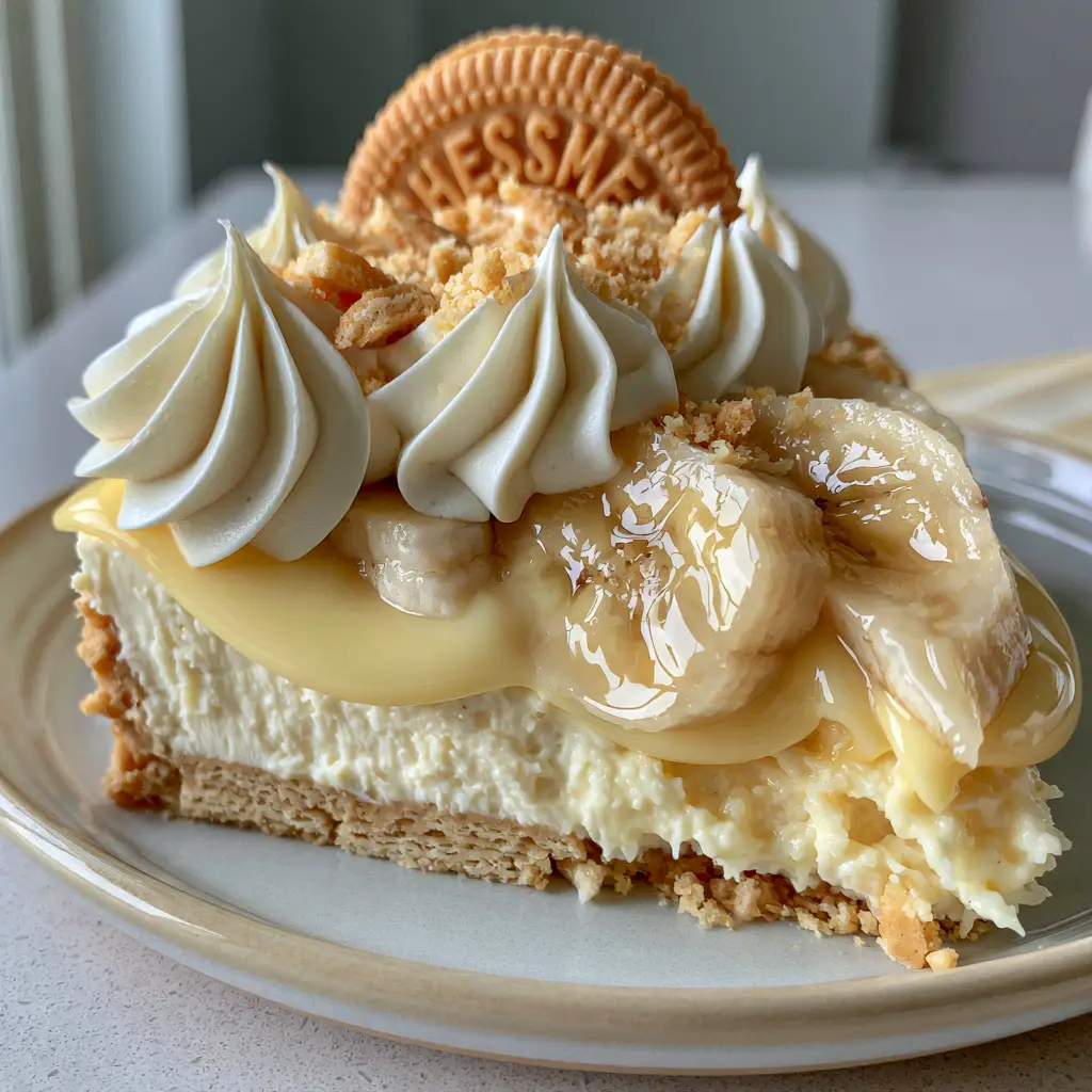 Handheld smartphone photo of a thick slice of no-bake Banana Pudding Cheesecake with glossy banana slices and whipped cream rosettes.