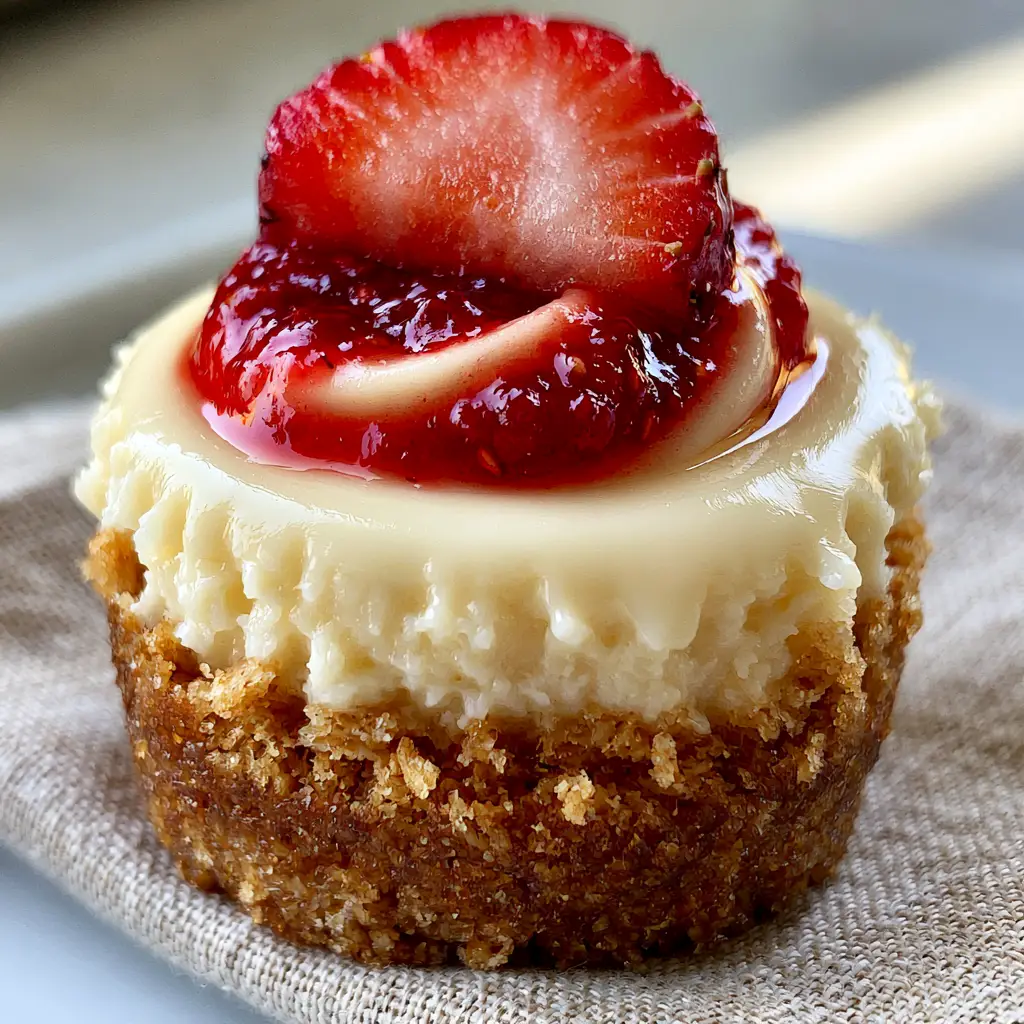 cheesecake cupcakes with Toasted Graham Cracker Crust and Strawberry Swirl 1 Side view of a mini cheesecake on a neutral linen napkin with natural daylight shadows.