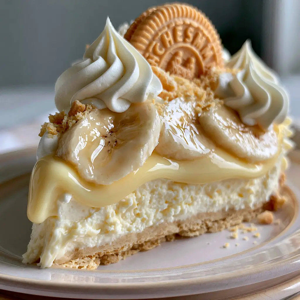 Banana Pudding Cheesecake Recipe (The Ultimate No-Bake Layered Dessert) 1 Close up of Banana Pudding Cheesecake highlighting the velvety pale yellow pudding and the piped whipped cream rosettes.