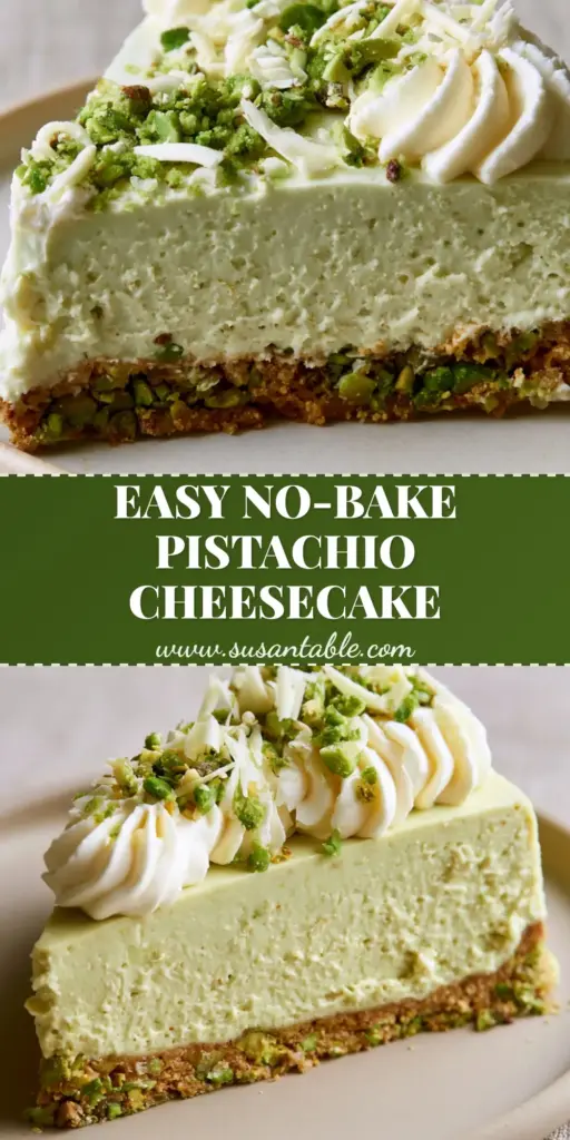 Pistachio Cheesecake: The Ultimate Creamy No-Bake Dessert 3 A tall slice of Pistachio Cheesecake with piped whipped cream, chopped nuts, and white chocolate curls.