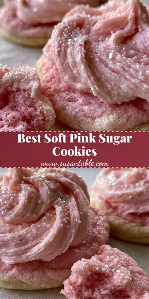 A stack of thick pink sugar cookies with pastel-pink buttercream frosting swirls and white iridescent sanding sugar on a white background.