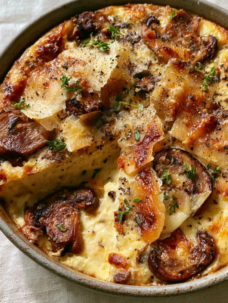 Mushroom and Parmesan Clafoutis: A Savory Custard Masterpiece 1 Detailed view of the Mushroom and Parmesan Clafoutis with a slice removed, revealing the moist, aerated interior texture.