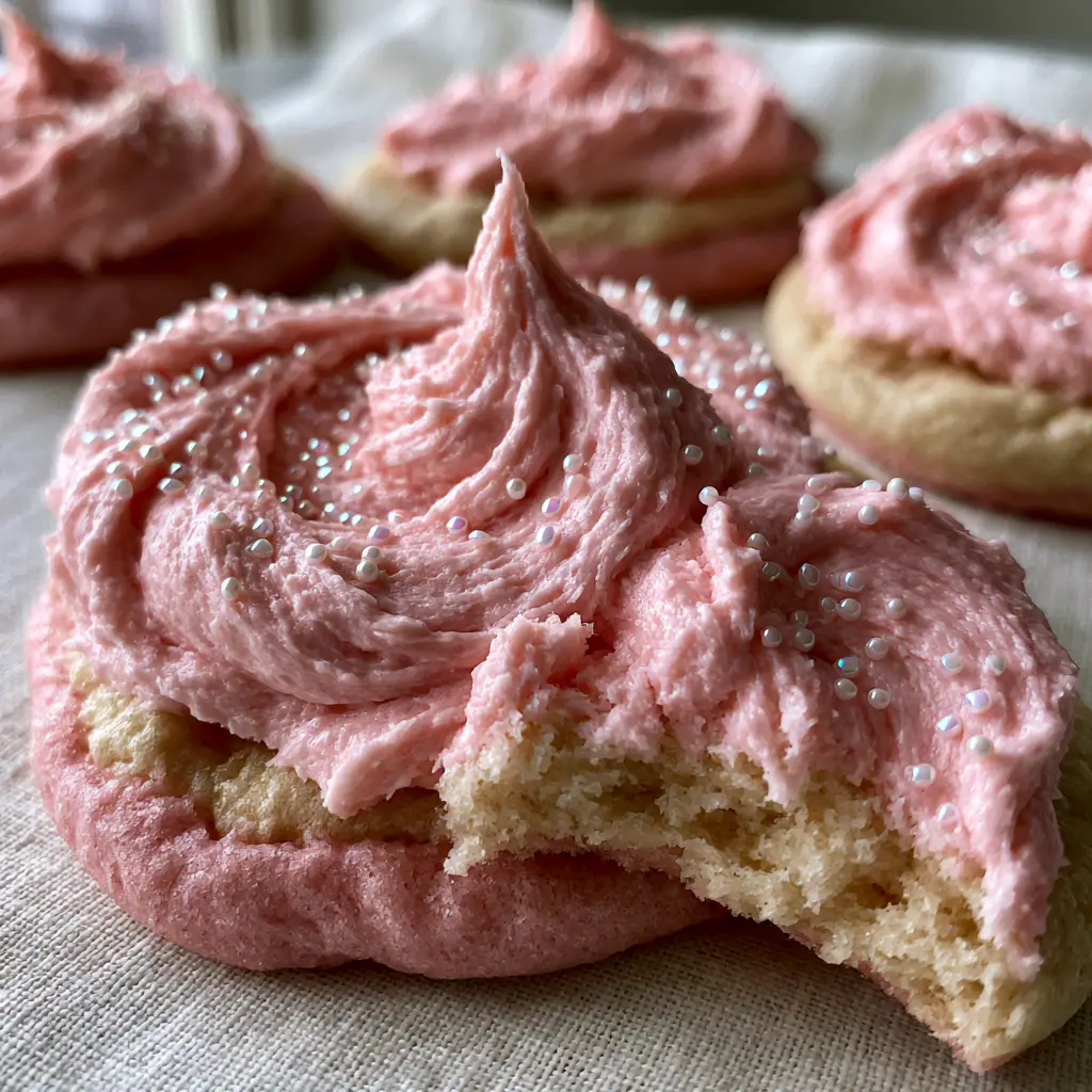 Macro close-up of a thick, pillowy-soft pink sugar cookie with rustic frosting ridges and iridescent sugar. (pink sugar cookies)