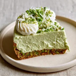 Close-up of a slice of Pistachio Cheesecake showing the pastel-green filling and nutty graham crust.