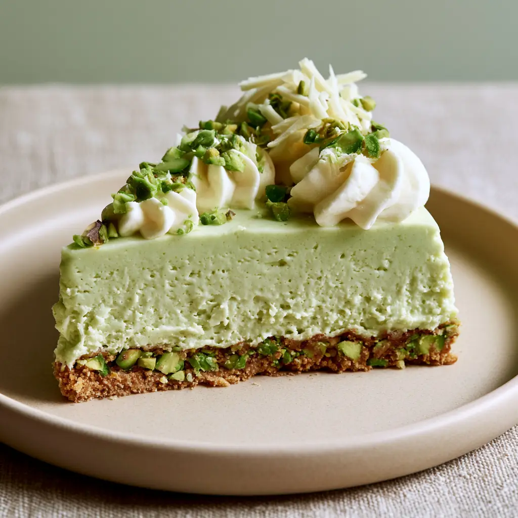Pistachio Cheesecake: The Ultimate Creamy No-Bake Dessert 1 Pistachio Cheesecake on a beige ceramic plate with soft natural lighting.