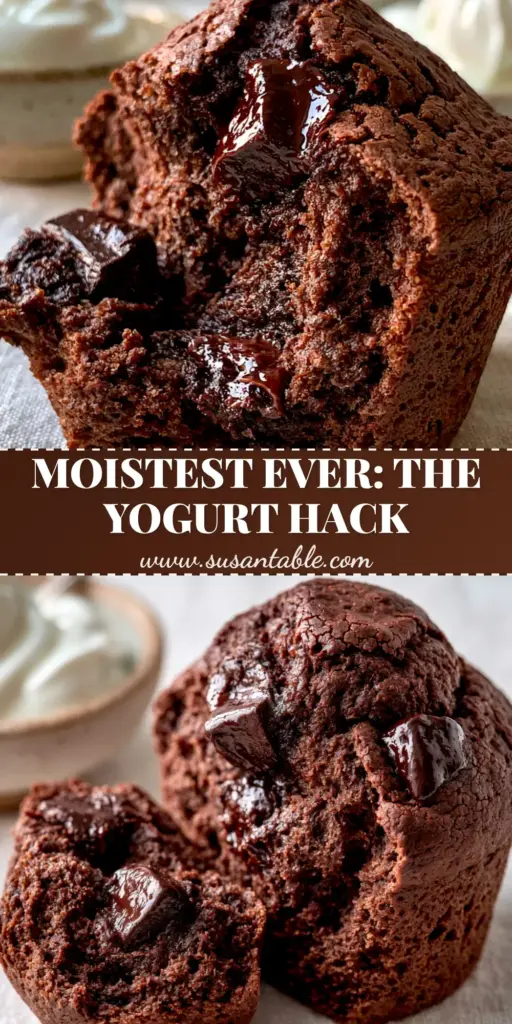 Chocolate Muffins: The Ultimate Bakery-Style Fudgy Recipe 4 A handheld photo of a broken chocolate muffin showing a steaming fudgy center and chocolate chunks with a yogurt dollop in the background. (chocolate muffins)