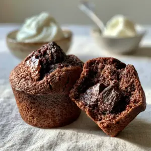 Close-up handheld photo of a thick ultra-moist chocolate muffin broken in half to reveal a steaming fudgy center. (chocolate muffins)