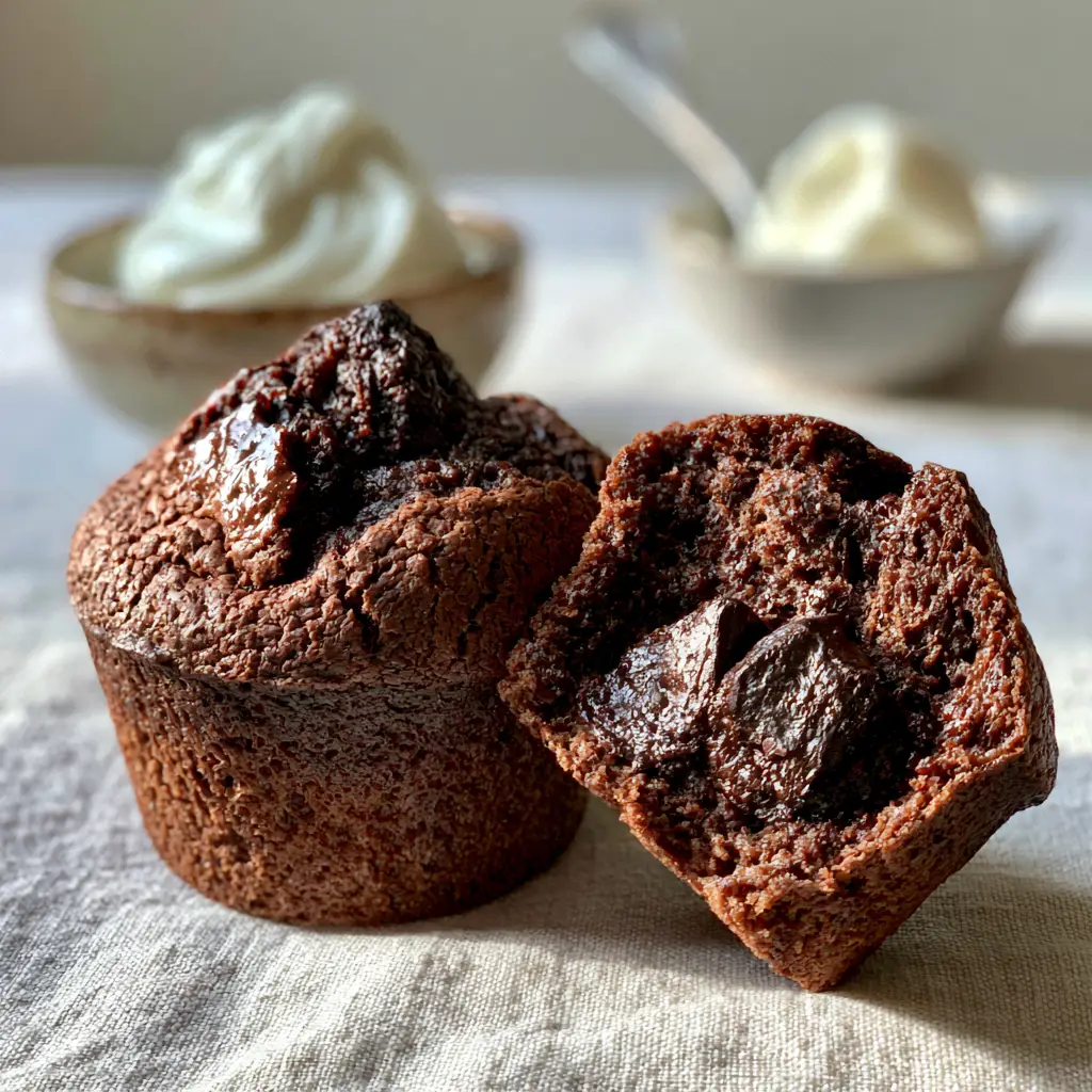 Close-up handheld photo of a thick ultra-moist chocolate muffin broken in half to reveal a steaming fudgy center. (chocolate muffins)