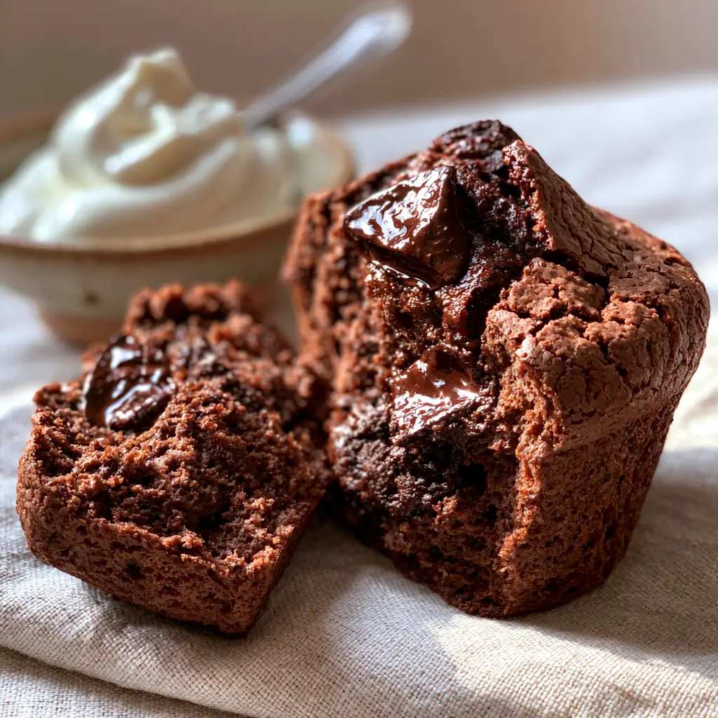 Chocolate Muffins: The Ultimate Bakery-Style Fudgy Recipe 1 A close-up shot of the professional bakery-style domed top of chocolate muffins with glistening chocolate chunks and a yogurt bowl in the background.