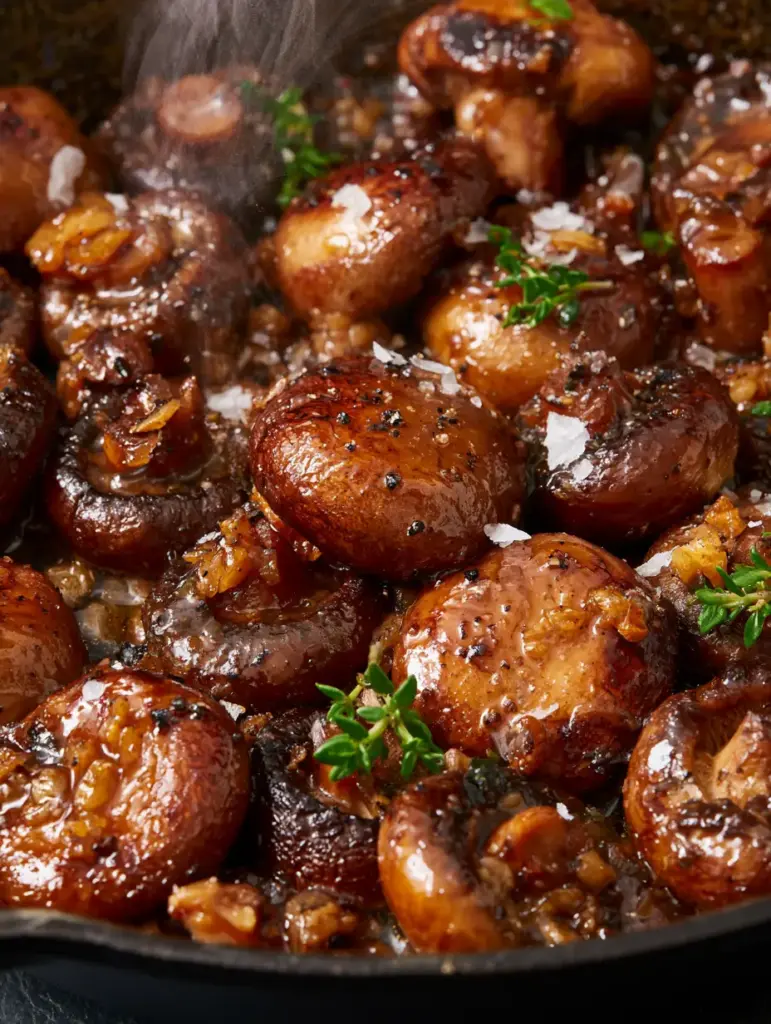 Easy mushroom recipes: The Ultimate Garlic Butter Cremini with Skillet Char 1 Extreme close-up of golden fried minced garlic bits and thyme on seared mushrooms in a cast iron pan.