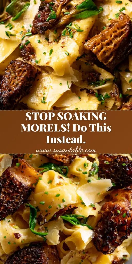 A rustic ceramic bowl of morel pasta with silky pappardelle, seared morel mushrooms, wild ramps, and shaved parmesan cheese.