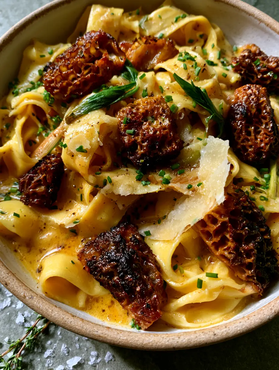 Close-up of golden pan-seared morel mushrooms with honeycomb texture in a morel pasta dish.