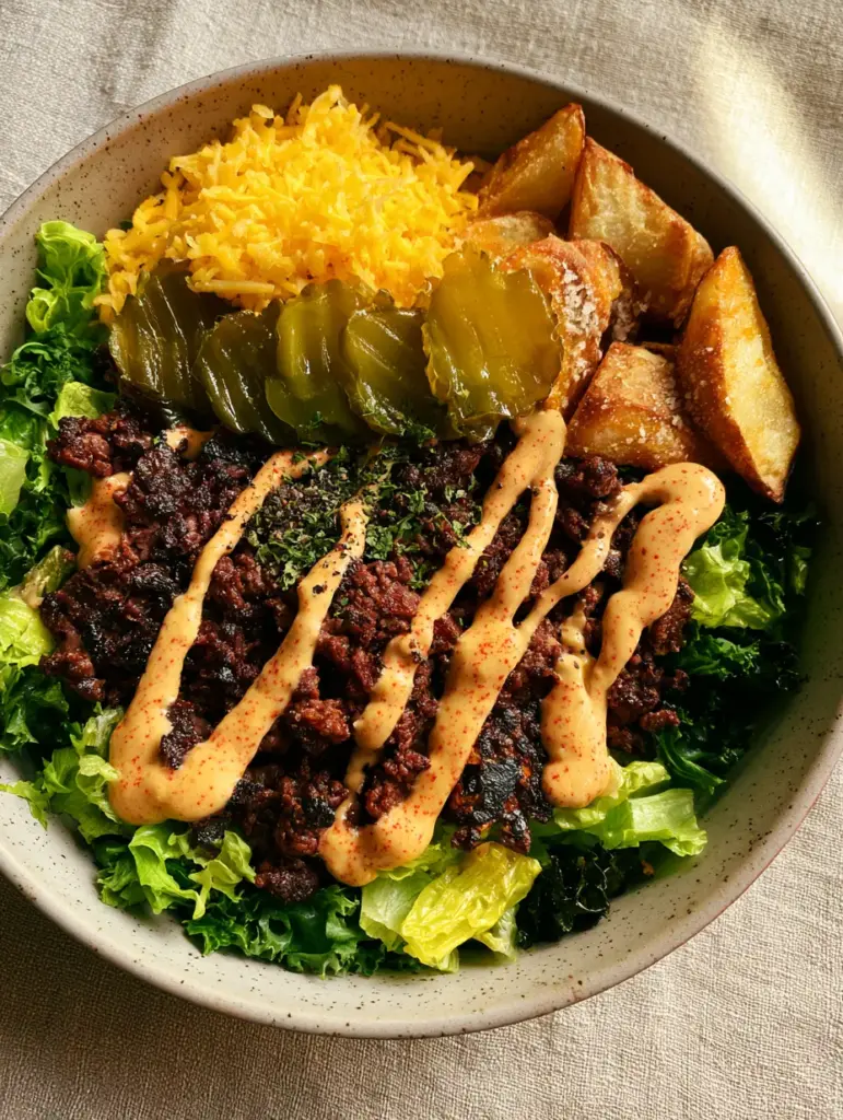 Burger Bowls with Crispy Smash Beef and Air-Fried Potato Wedges 1 A speckled ceramic bowl containing a burger bowl with air-fried golden potato wedges and finely grated cheddar.