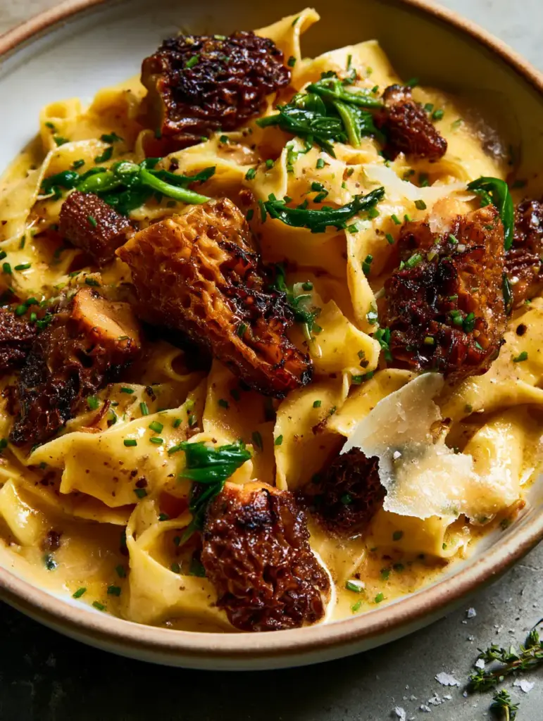 Overhead view of glossy pappardelle pasta ribbons with wild ramps and chives. (morel pasta)