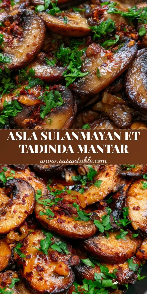 Mantar Tarifi: The Secret to Perfectly Seared, Mahogany Cast Iron Mushrooms 4 A close-up of a rustic cast iron skillet filled with perfectly seared mahogany cremini and portobello mushrooms, garnished with parsley and red pepper flakes. (Mantar tarifi)