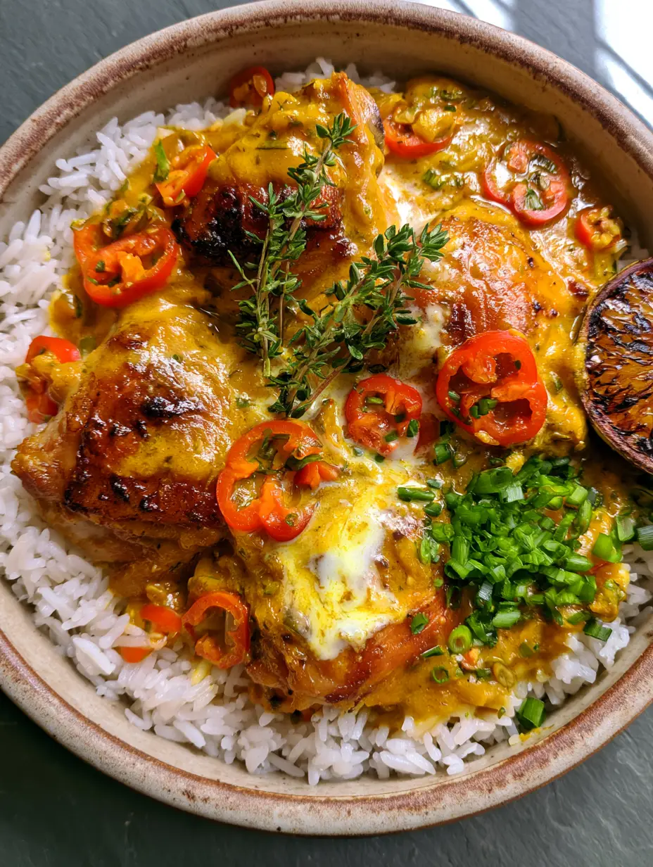 Jamaican Curry Chicken Recipe: Authentic Caribbean Comfort with a Golden Glow 4 Top-down view of Jamaican Curry Chicken showing seared chicken thighs in a glossy turmeric sauce with a white coconut milk marble effect. (Jamaican Curry Chicken Recipe)