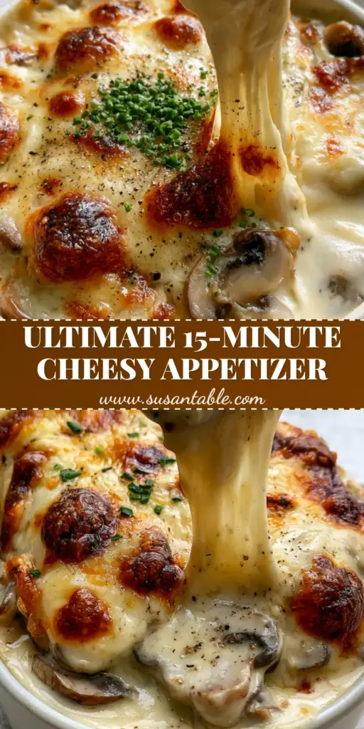 Mushroom Julienne: The Ultimate Creamy Baked Appetizer with Gruyere 4 A bubbling Mushroom Julienne in a white ramekin with a dramatic stretchy cheese pull on a silver spoon.