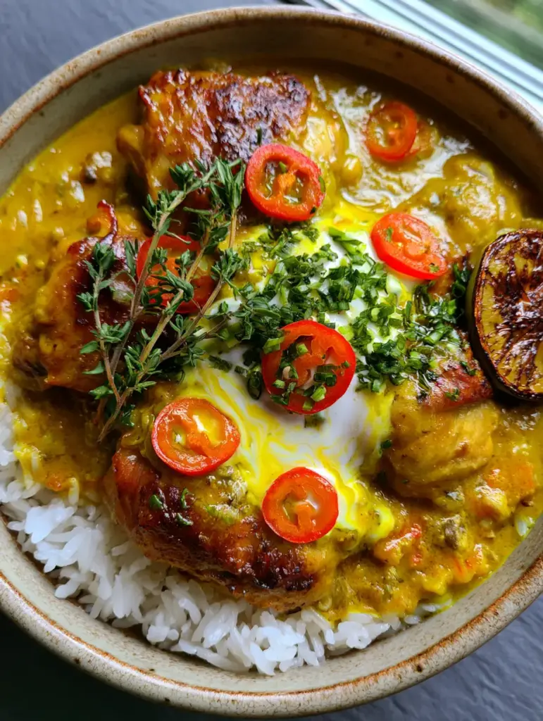 Jamaican Curry Chicken Recipe: Authentic Caribbean Comfort with a Golden Glow 1 Close-up of Jamaican Curry Chicken garnished with fresh green scallions, whole thyme sprigs, red scotch bonnet rings, and a charred lime. (Jamaican Curry Chicken Recipe)