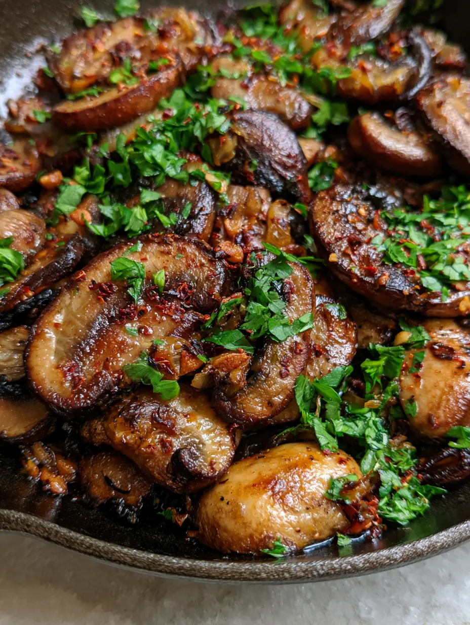 Mantar Tarifi: The Secret to Perfectly Seared, Mahogany Cast Iron Mushrooms 3 Close-up smartphone photo of caramelized mushroom saute with deep mahogany charred edges and crispy garlic in a matte black pan. (Mantar tarifi)