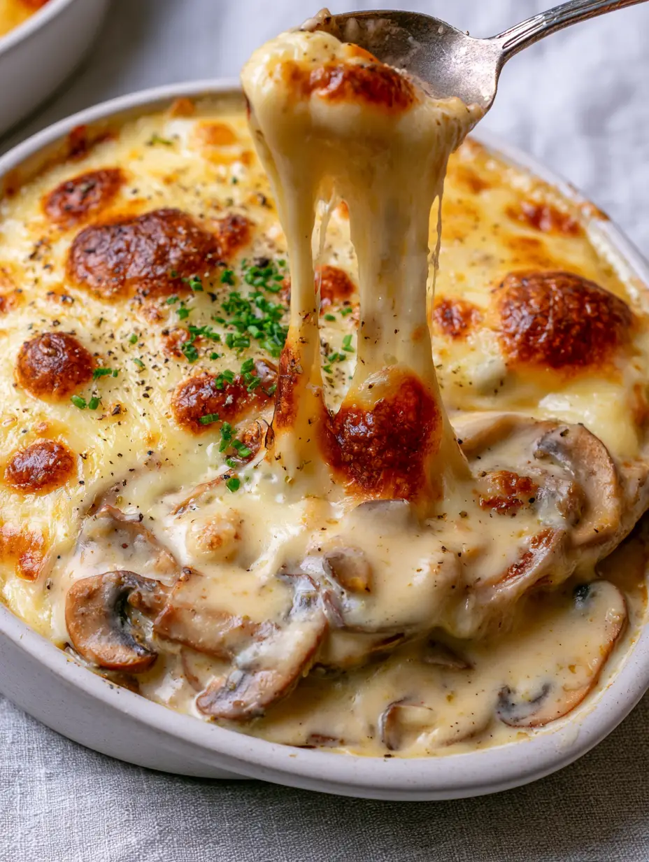 Mushroom Julienne: The Ultimate Creamy Baked Appetizer with Gruyere 3 Close-up of Mushroom Julienne with charred Gruyere crust and fresh chives in a matte white ramekin.