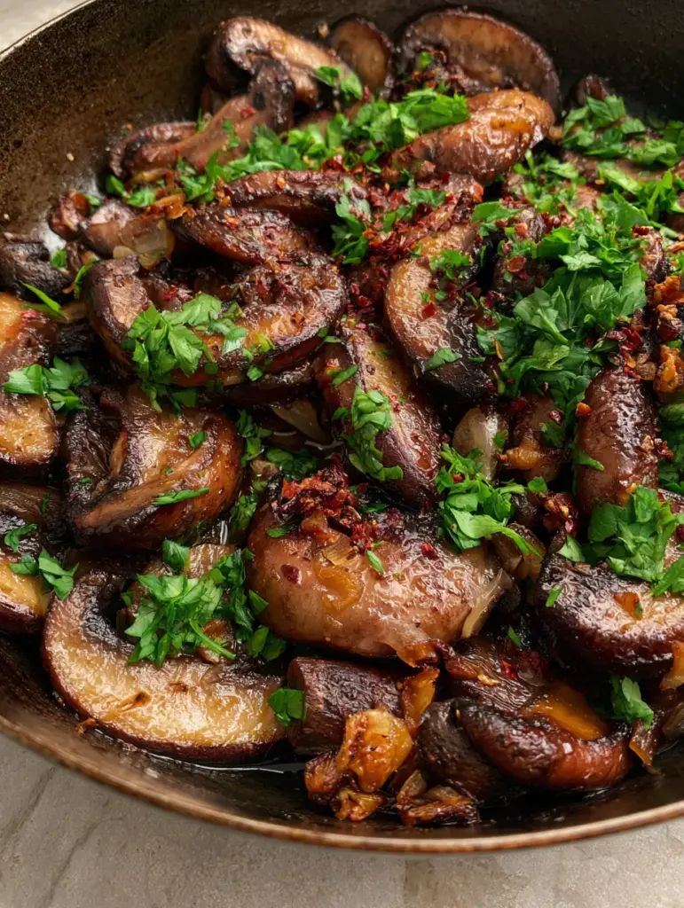 Mantar Tarifi: The Secret to Perfectly Seared, Mahogany Cast Iron Mushrooms 1 Golden-brown mushroom slices with translucent onion slivers and fresh parsley in a cast iron skillet. (Mantar tarifi)