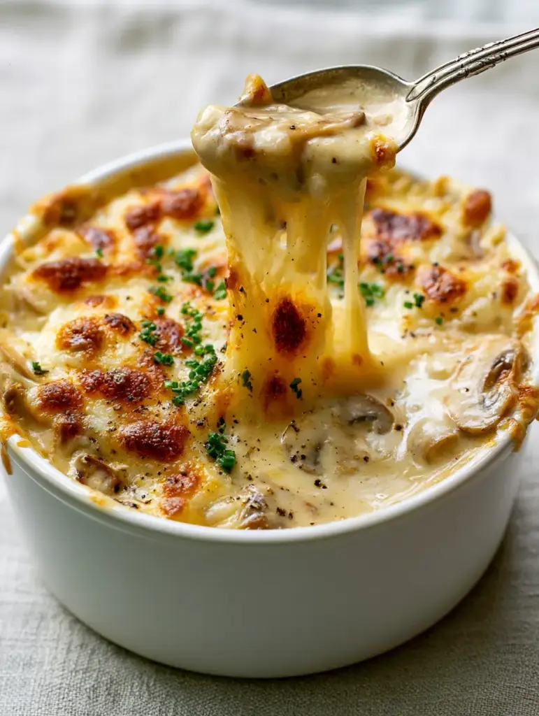Mushroom Julienne: The Ultimate Creamy Baked Appetizer with Gruyere 1 Mushroom Julienne served on a light grey linen surface with a blurred background.