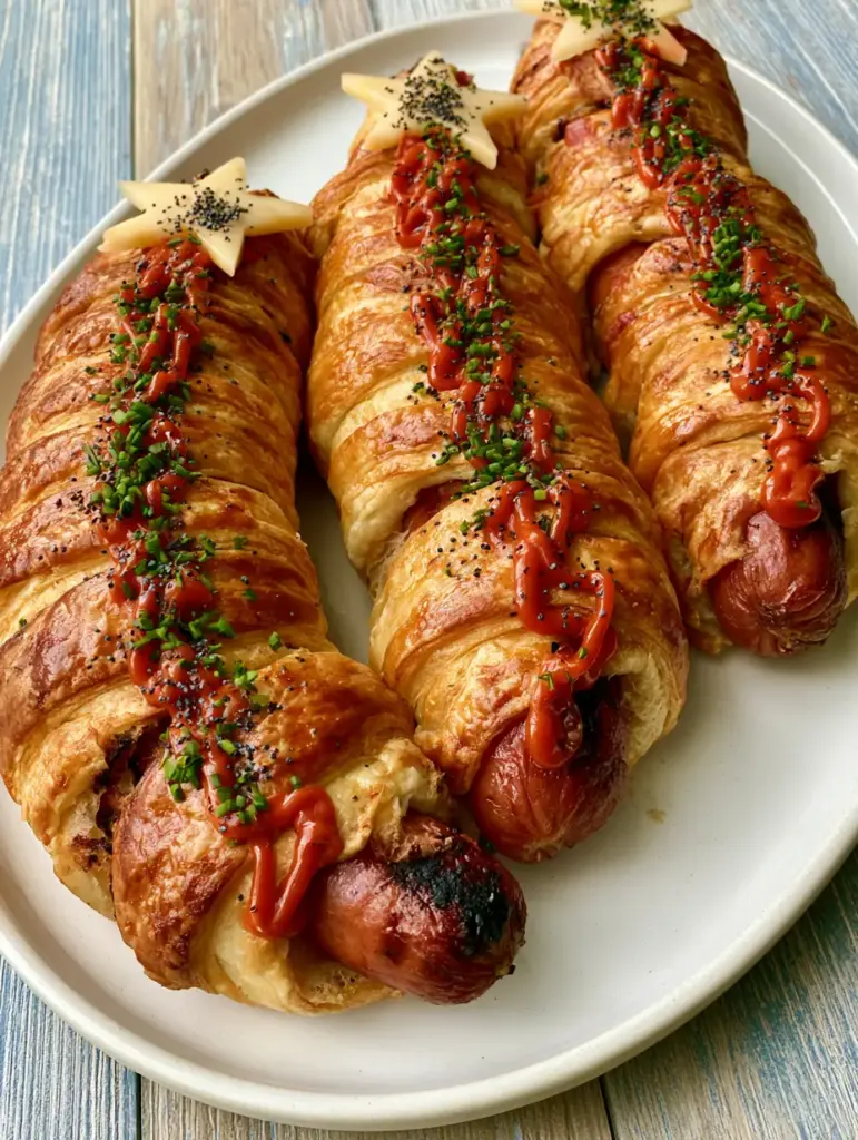Firecracker Hot Dogs Recipe: The Ultimate Festive Summer BBQ Showstopper 2 A macro shot of three Firecracker Hot Dogs Recipe arranged on a white platter with golden-brown dough and glossy sriracha drizzle. (Firecracker Hot Dogs Recipe)