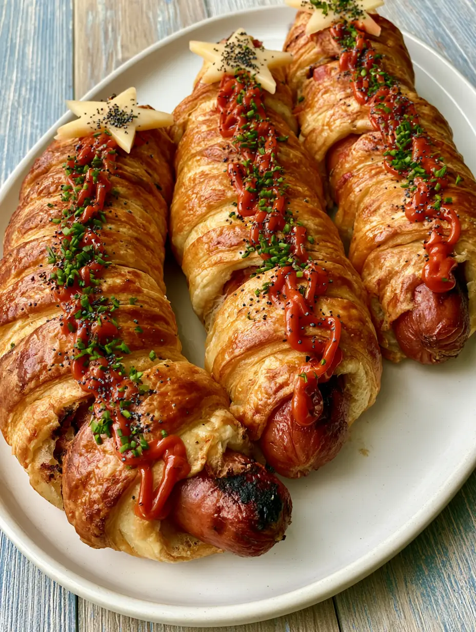 Firecracker Hot Dogs Recipe: The Ultimate Festive Summer BBQ Showstopper 3 A macro shot of three Firecracker Hot Dogs Recipe arranged on a white platter with golden-brown dough and glossy sriracha drizzle. (Firecracker Hot Dogs Recipe)