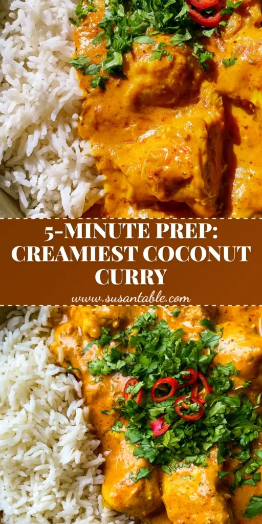 An overhead view of slow cooker coconut curry chicken with vibrant orange sauce and jasmine rice. (slow cooker coconut curry chicken)