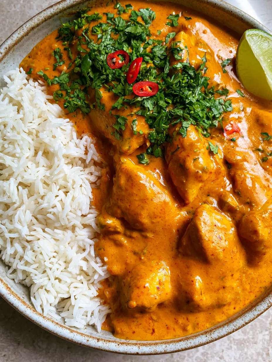 Extreme close-up of tender chicken chunks in a velvety orange coconut curry sauce. (slow cooker coconut curry chicken)