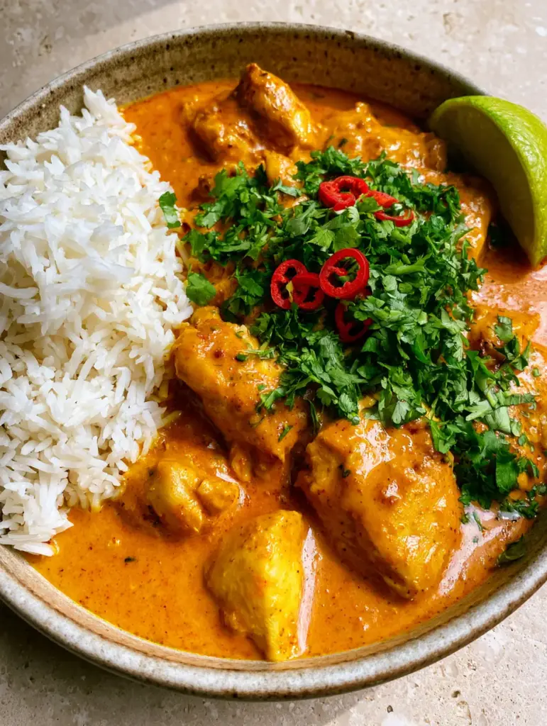 Overhead shot showing fluffy jasmine rice and orange coconut curry chicken with red chili garnish. (slow cooker coconut curry chicken)