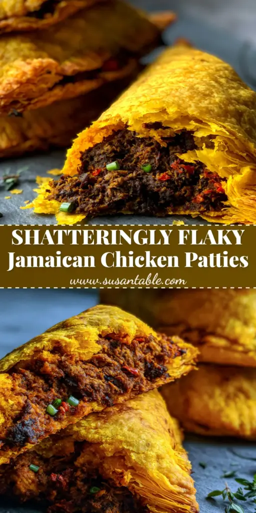Jamaican Curry Chicken Patties with Shatteringly Flaky Turmeric Pastry 3 A stack of golden-yellow Jamaican Curry Chicken Patties on a slate surface, one broken open to show steaming minced chicken filling.