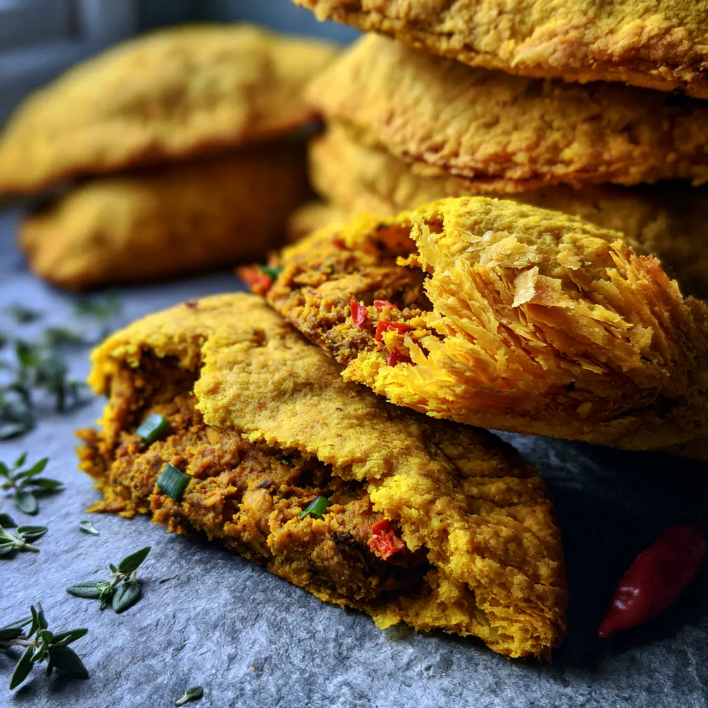 Jamaican Curry Chicken Patties with Shatteringly Flaky Turmeric Pastry 2 Close-up of flaky turmeric pastry layers on a Jamaican Curry Chicken Patty.