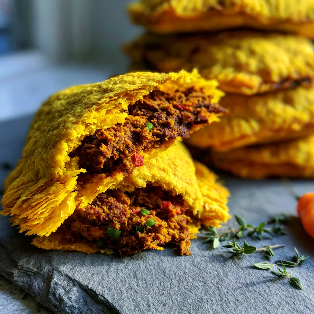 Jamaican Curry Chicken Patties with Shatteringly Flaky Turmeric Pastry 1 Minced curry chicken filling with green scallions and red scotch bonnet peppers inside a yellow patty.
